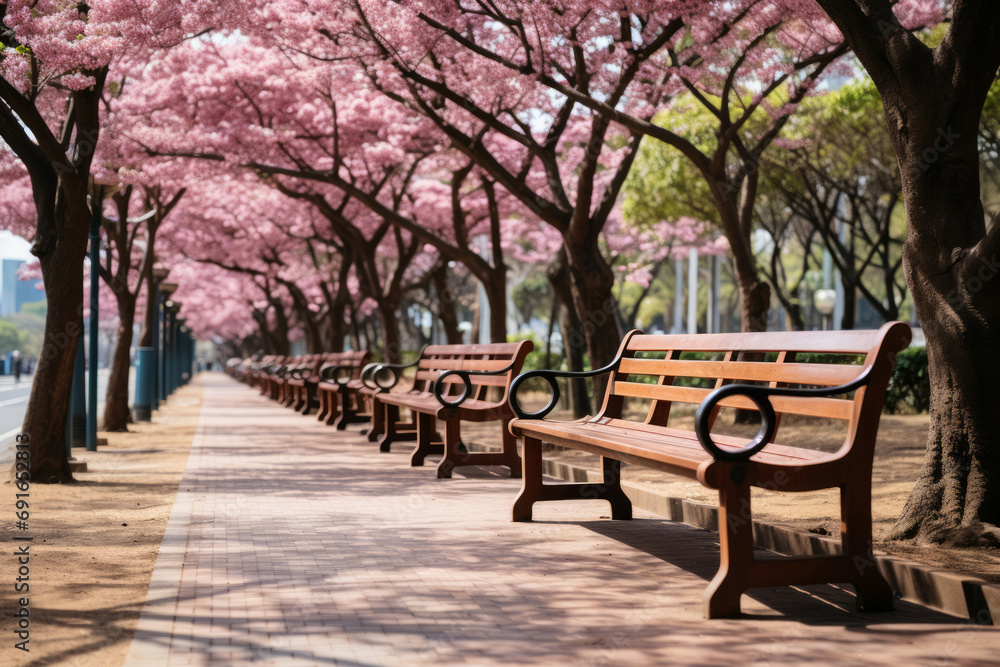 cherry blossoms in full bloom in a park in Fukuoka, Japan