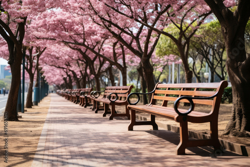 cherry blossoms in full bloom in a park in Fukuoka  Japan