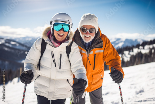 Happy retired couple skiing