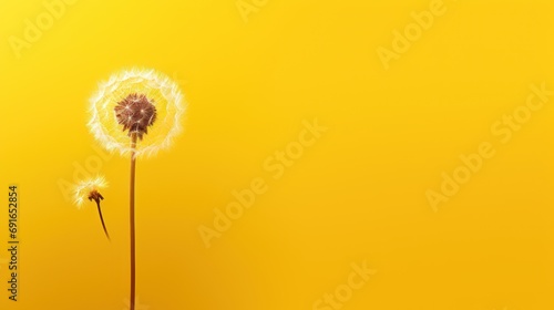  a dandelion sitting on top of a yellow table next to another dandelion on top of a yellow table next to another dandelion on a yellow table.