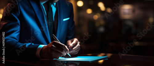 A close-up image of a hand signing documents. A person wearing a suit has an image of a hand and a pen. Electronic signature. Space for text