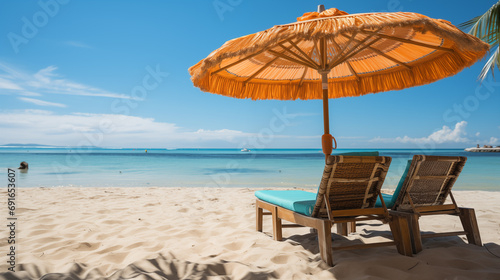 Sunny beach with colored umbrella and chaise-sun lounger on a clean sand. Tropical landscape  picture of a paradise
