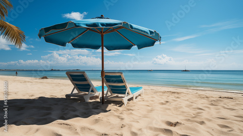 Sunny beach with colored umbrella and chaise-sun lounger on a clean sand. Tropical landscape, picture of a paradise