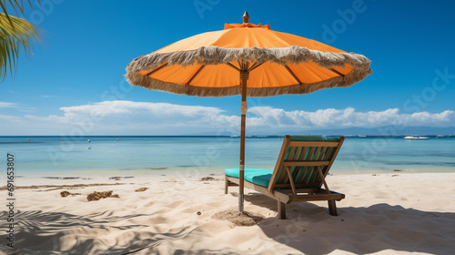 Sunny beach with colored umbrella and chaise-sun lounger on a clean sand. Tropical landscape  picture of a paradise