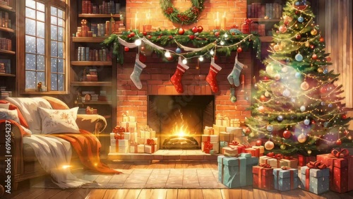 Christmas tree with gifts. Warm fireplace living room. Xmas decorations. Background loop animation video. photo