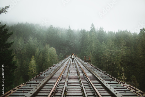 Misty forest railroad bridge with a lone woman walking