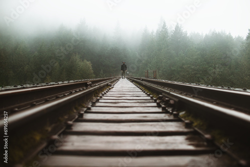 Man in misty railroad journey on Vancouver Island photo