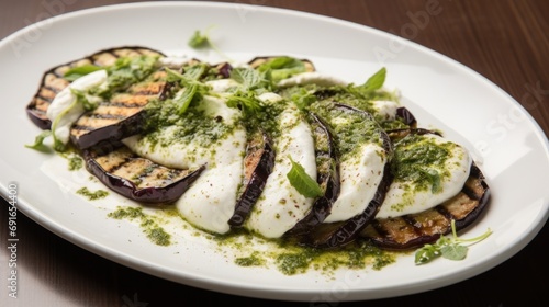  a white plate topped with grilled eggplant covered in a pesto sauce and garnished with green leafy garnish on a wooden table.