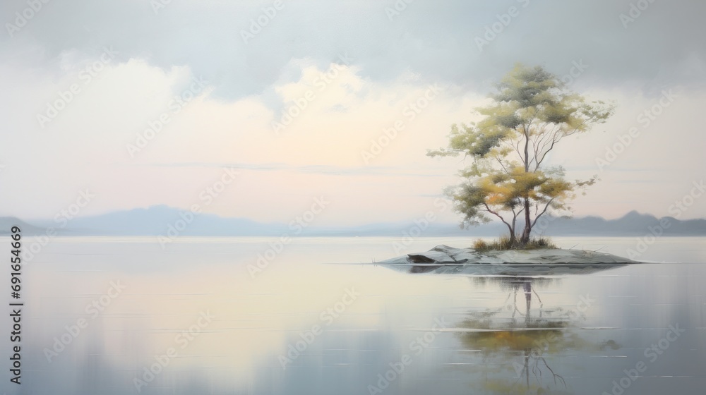  a painting of a lone tree on a small island in the middle of a large body of water with mountains in the distance and a cloudy sky in the background.