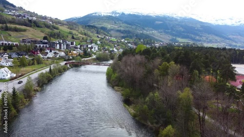 Following River Vosso in Norwegian Village Voss - Norway 2.7K Aerial Footage