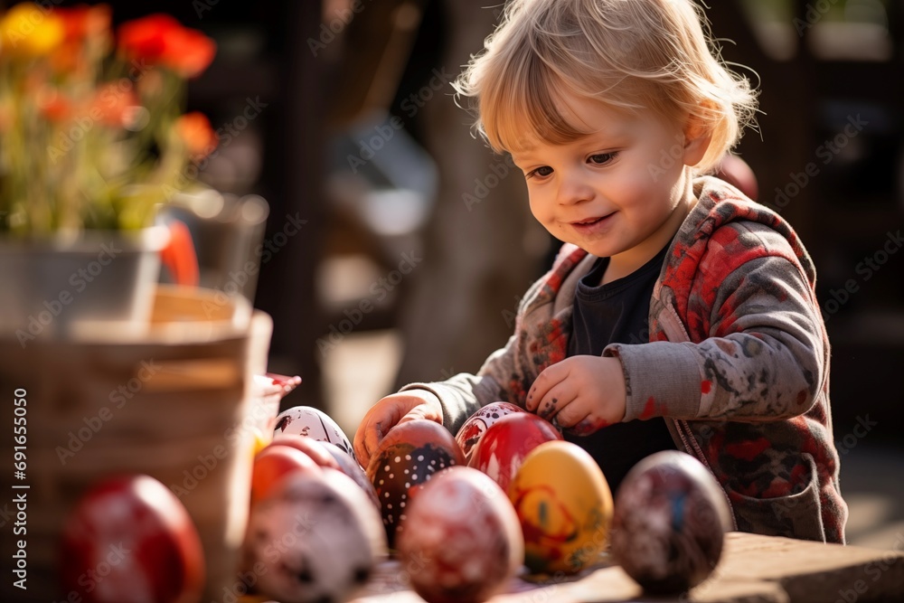 Fototapeta premium A little toddler boy or girl accurately painting coloring Easter eggs