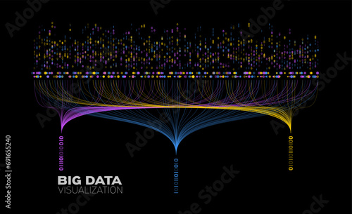 Big data visualization. Large streams and data collection. Binary code sorting, visualization of complex algorithms. Vector illustration