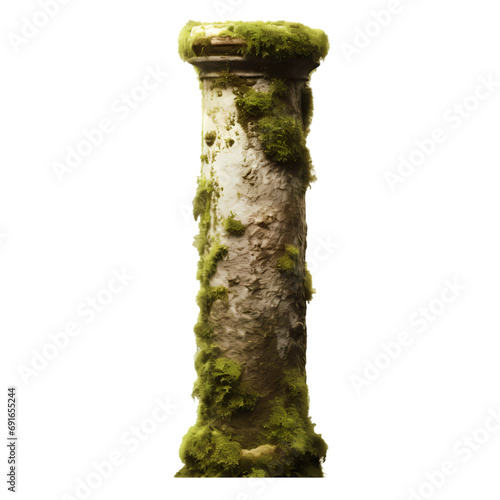 Old stone pillar covered with moss isolated on transparent background