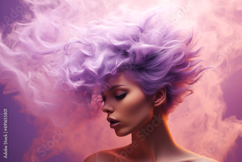 Portrait of a woman with a hairstyle surrounded by purple smoke on a colored background.