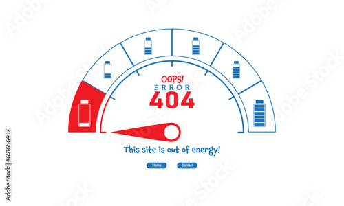 Error 404 abstract design with empty battery. Webpage internet security warning to use in programming, web development, webpage error, error 404 projects.

