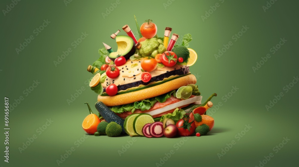  a pile of assorted fruits and vegetables on top of a pile of other fruits and vegetables on top of a pile of other fruits and vegetables on top of a green background.