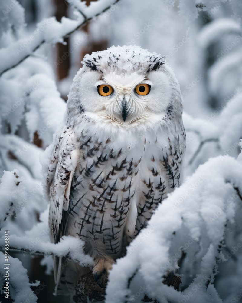 Obraz premium Close-up full body portrait of bird of prey, white snowy owl, sitting on tree branch in forest cowered snow and looking at the camera