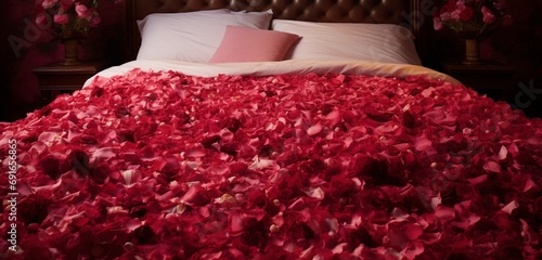 Overhead view of a bed adorned with a cascading arrangement of crimson rose petals.