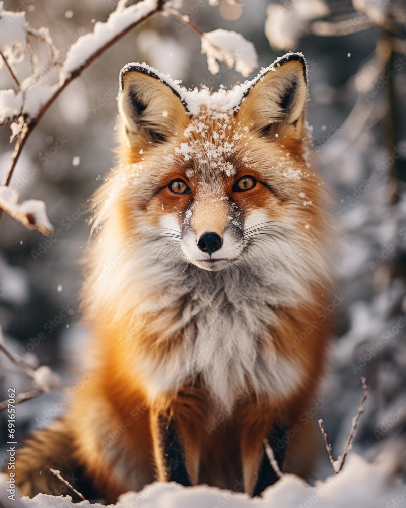Fototapeta premium Full-length portrait of red fluffy fox on snowy landscape in forest, standing and looking at camera