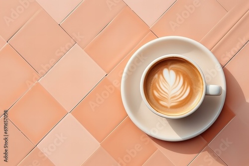 cup of coffee with lattee art in peach fuzz color on the pastel peach background center composition flat lay photo