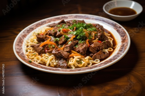 Spaghetti and goulash meat stew with vegetables on white plate on table dark background