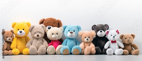 row of plush toys neatly lined up together on white background