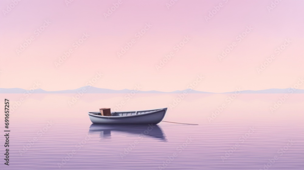 a boat floating on top of a large body of water next to a mountain range in the distance with a pink sky in the background and a pink hued sky. a boat floating on top of a large body of water next to a mountain range in the distance with a pink sky in the background and a pink hued sky.