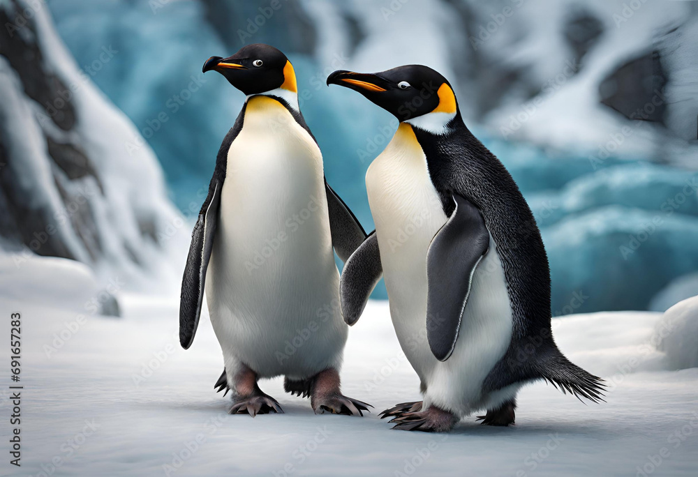 Fototapeta premium Beautiful penguins in polar and arctic region with snowy mountains in the background