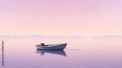  a boat floating on top of a large body of water next to a mountain range in the distance with a pink sky in the background and a pink hued sky.