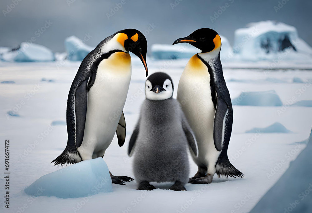 Obraz premium Beautiful penguins in polar and arctic region with snowy mountains in the background