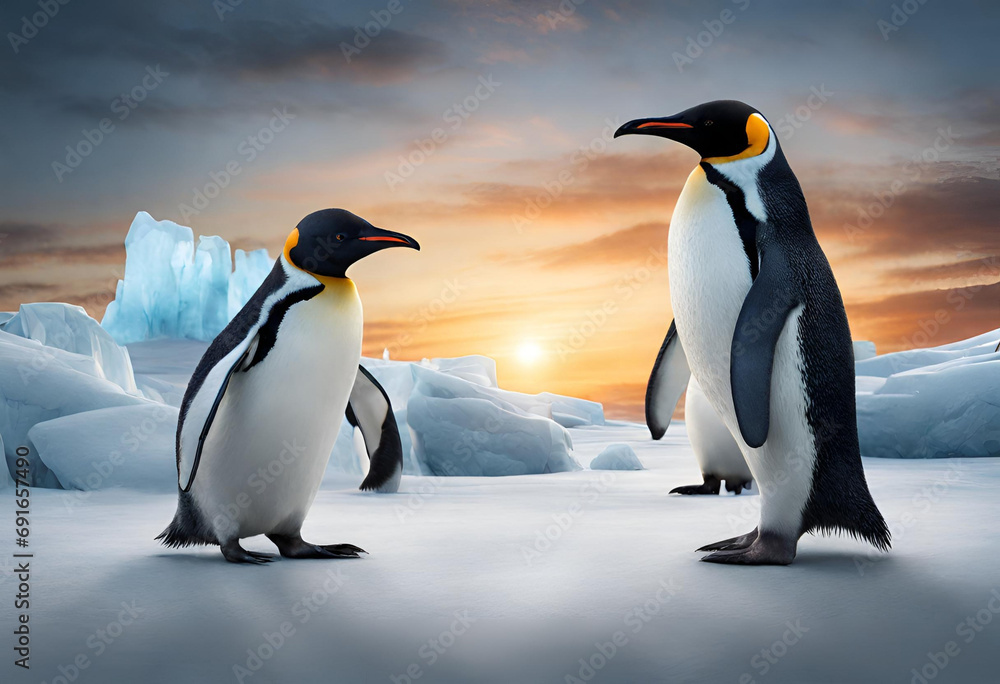 Obraz premium Beautiful penguins in polar and arctic region with snowy mountains in the background