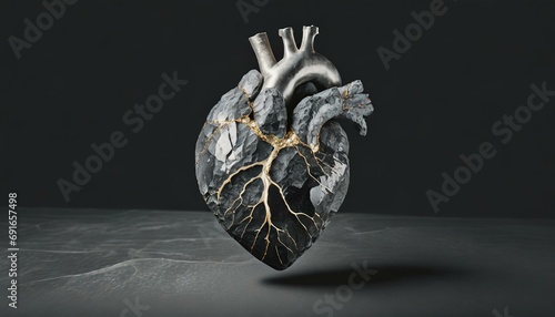 Steinernes anatomisches Herz / Menschliches Herz aus Stein Risse mit Gold gefüllt. Steinherz. Versteinertes Herz. Kintsugi Kunst. Solo vor dunklem Hintergrund. Illustration