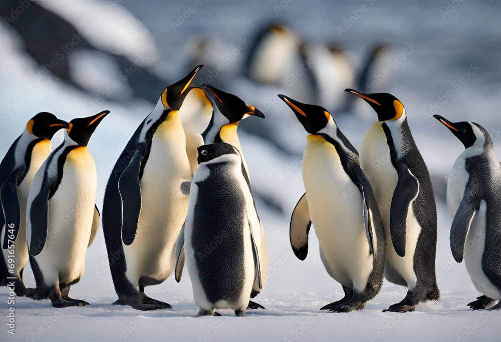 Obraz premium Beautiful penguins in polar and arctic region with snowy mountains in the background
