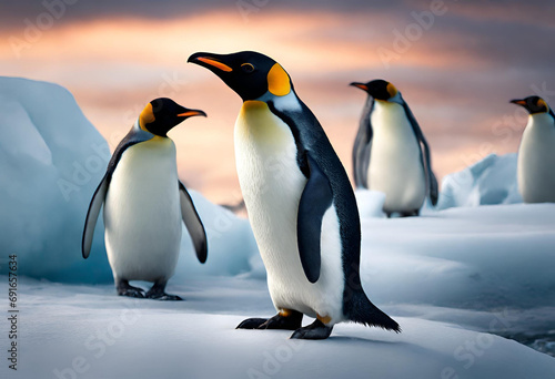 Beautiful penguins in polar and arctic region with snowy mountains in the background