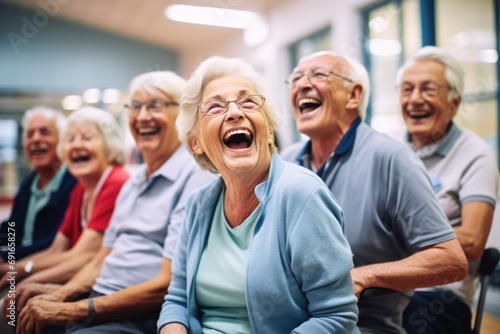 Active and Cheerful Group of Seniors Smiling and Laughing in Gym Class