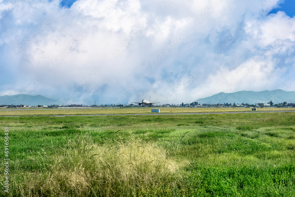 Fototapeta premium A big jet taking off on background of cloudy blue sky.