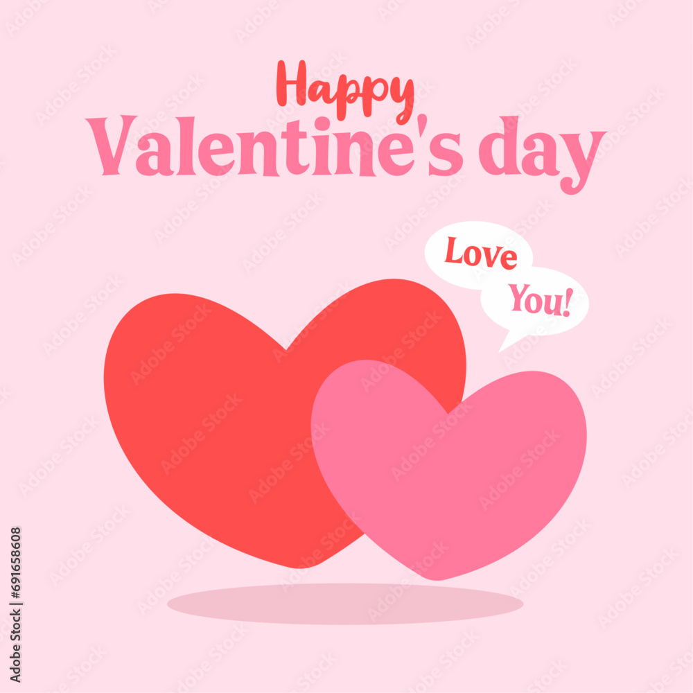 Cute happy Valentine’s day card with two joined hearts and lettering. Speech bubble with text. Vector illustration.