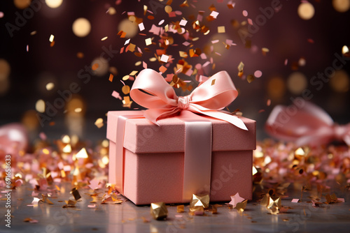 Pink gift box with golden confetti and flowers, Women's Day, Valentine's day concept #691658633