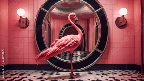 Generative AI image of a Flamingo in a Vintage Room photo