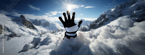 A solitary hand reaches out from a snowy expanse of mountains, urgency of a rescue mission in the wake of an avalanche, a stark reminder of nature's power and the fragility of human life.