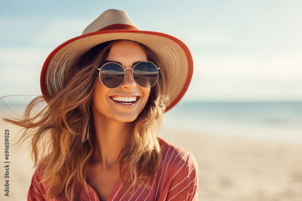 Smiling young woman in hat and sunglasses on beach Smiling young woman in hat and sunglasses on beach