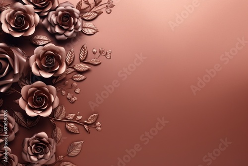 Bronze Roses Flower Border Over a Plum Background With Copy Space. Copy space.
