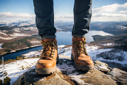 Generative AI image of adventure boots on a mountain peak photo