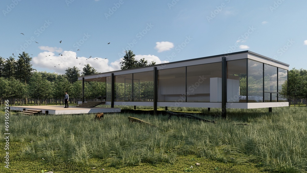 minimalist glass and steel house, in the middle of the forest and the sunset, beautiful landscape minimalist glass and steel house, in the middle of the forest and the sunset, beautiful landscape