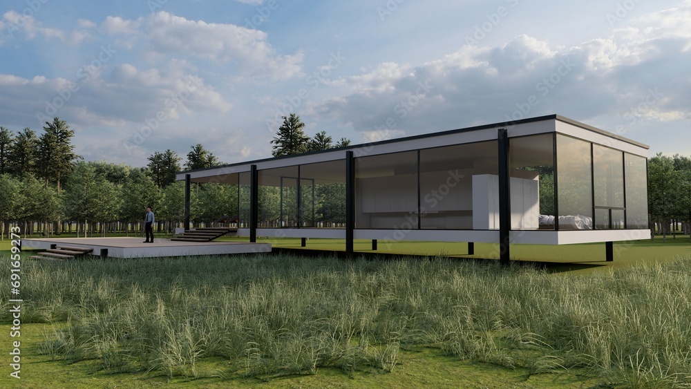 minimalist glass and steel house, in the middle of the forest and the sunset, beautiful landscape minimalist glass and steel house, in the middle of the forest and the sunset, beautiful landscape