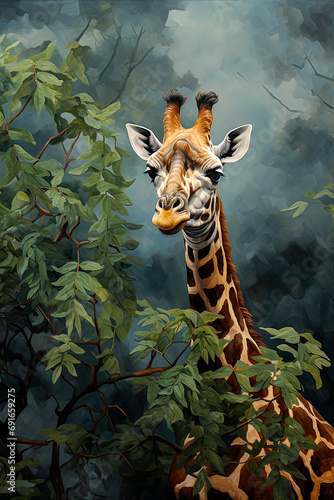Generative AI image of wild giraffe with brown spots standing against misty foliage in a dense forest photo