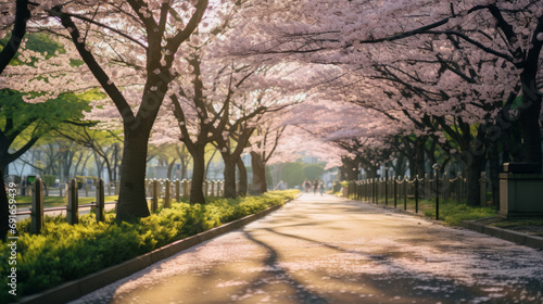 cherry blossoms in full bloom in a park , Japan