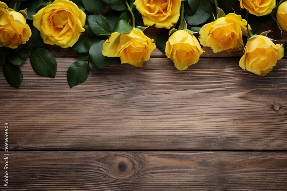 Charming Yellow Roses Flower Border Over a Wood Background. Copy Space.