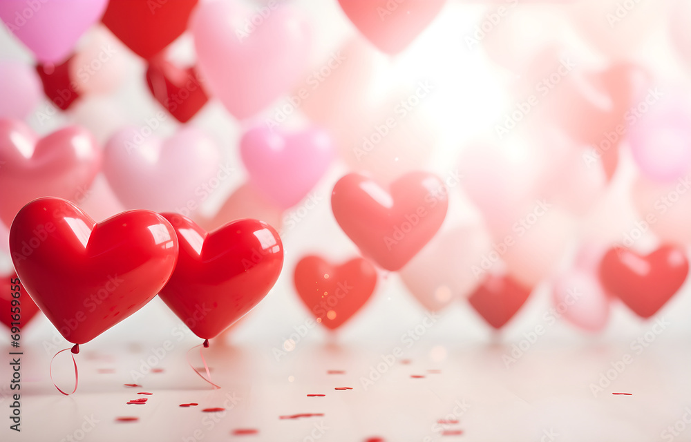 golden, red and pink heart shape balloons over white bokeh blurred room