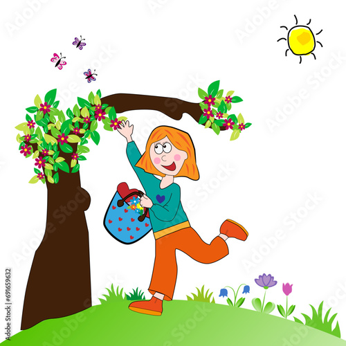 Niña con cesta y árbol.